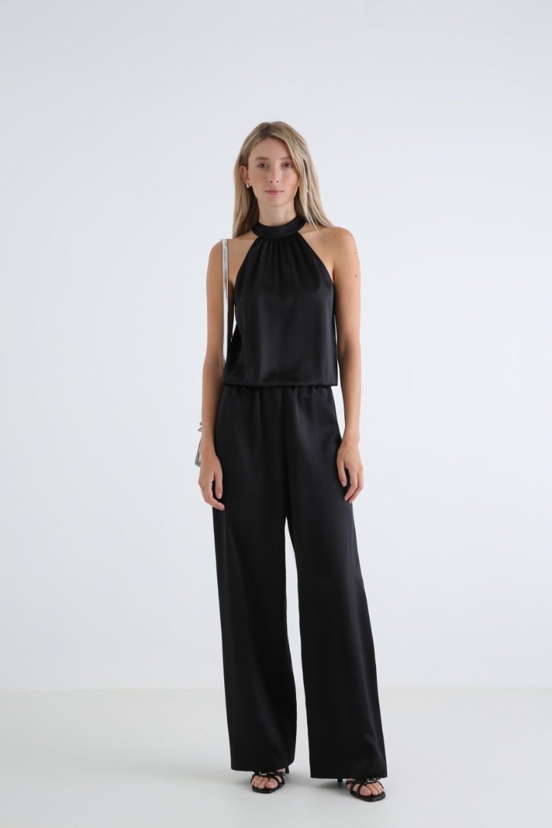 Halter Neck Wide-Leg Jumpsuit in Silk Satin Halter Neck Wide-Leg Jumpsuit in Silk Satin — Classy Black Jumpsuit Outfit
