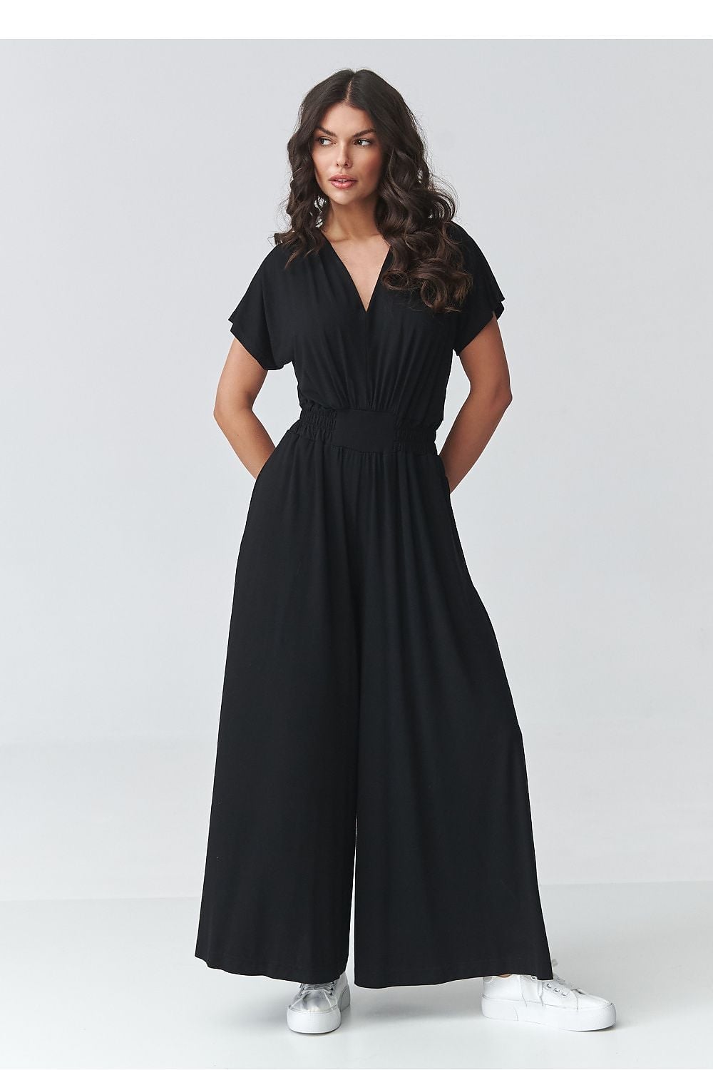 Short-Sleeve Wide-Leg Jumpsuit in Jersey Knit Short-Sleeve Wide-Leg Jumpsuit in Jersey Knit — Classy Black Jumpsuit Outfit