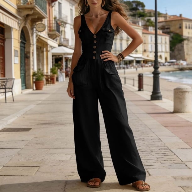 Black Linen Jumpsuit with Button Front Detail Black Linen Jumpsuit with Button Front Detail — Classy Black Jumpsuit Outfit