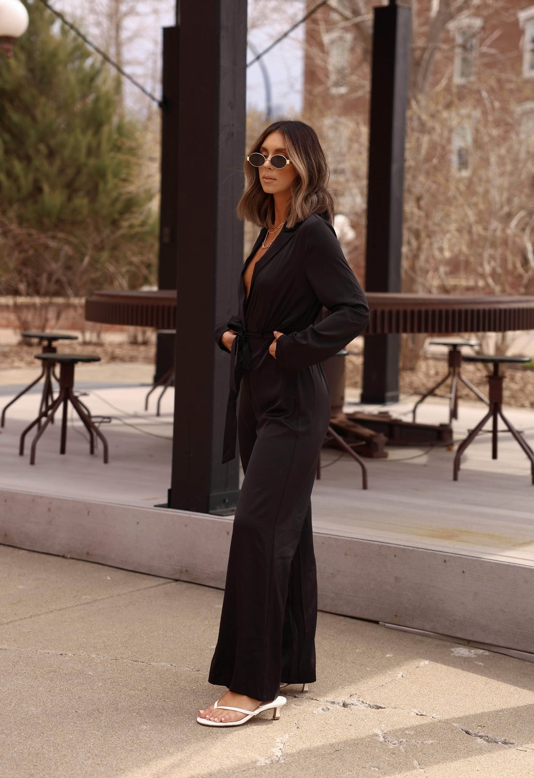 Collared Long-Sleeve Jumpsuit with Belt Collared Long-Sleeve Jumpsuit with Belt — Classy Black Jumpsuit Outfit