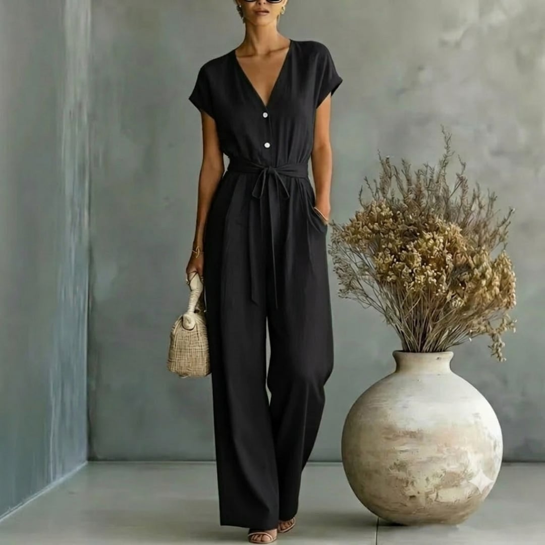 Short-Sleeve Belted Jumpsuit for Casual Day Out Short-Sleeve Belted Jumpsuit for Casual Day Out — Classy Black Jumpsuit Outfit