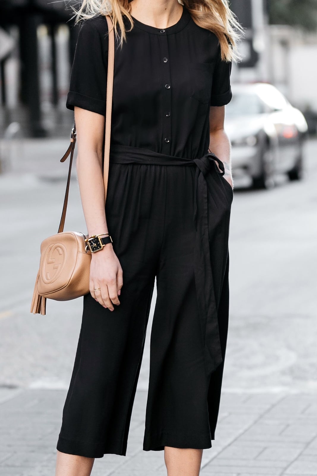 Short-Sleeve Belted Jumpsuit with Cropped Pants Short-Sleeve Belted Jumpsuit with Cropped Pants — Classy Black Jumpsuit Outfit