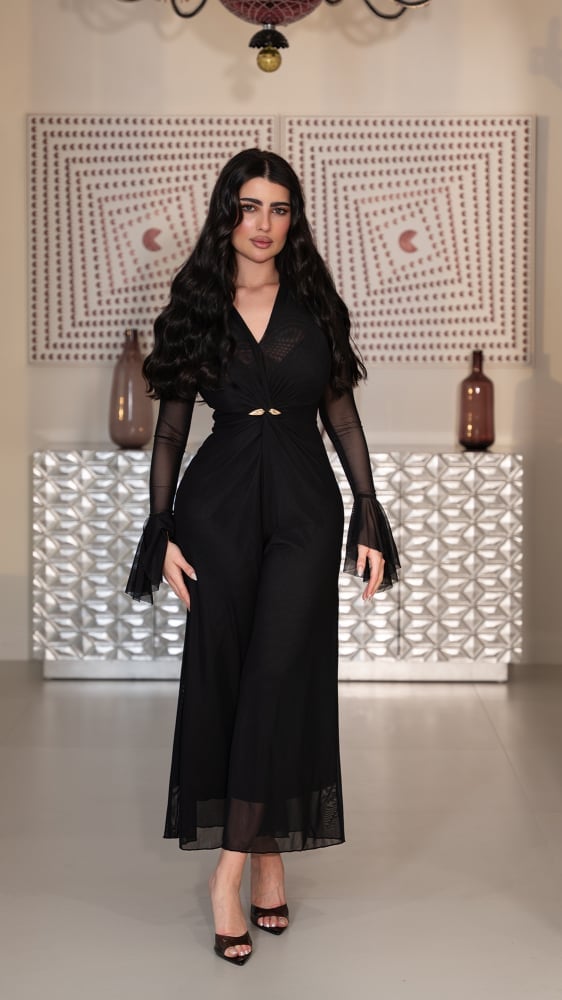 Wide-Leg Jumpsuit with Plunging Neckline and Sheer Sleeves Wide-Leg Jumpsuit with Plunging Neckline and Sheer Sleeves — Classy Black Jumpsuit Outfit