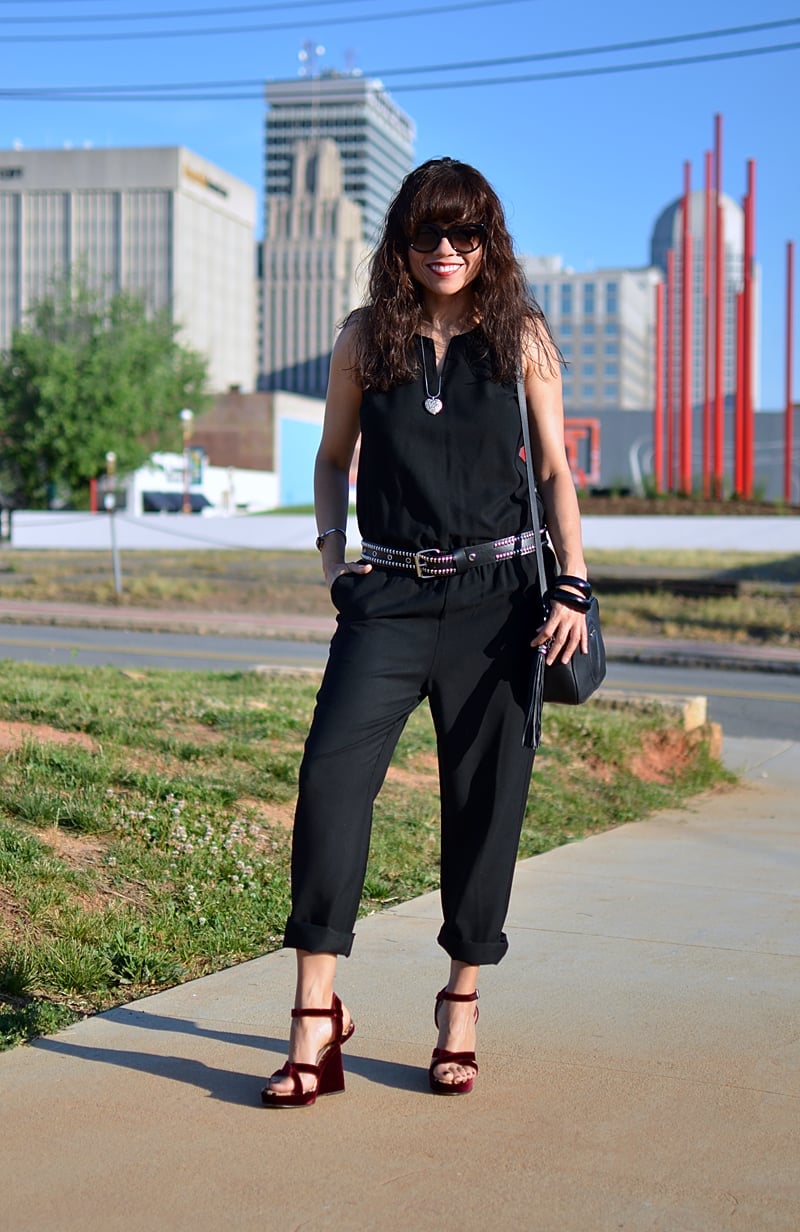 Sleeveless Jumpsuit with Cropped Leg and Studded Belt Sleeveless Jumpsuit with Cropped Leg and Studded Belt — Classy Black Jumpsuit Outfit