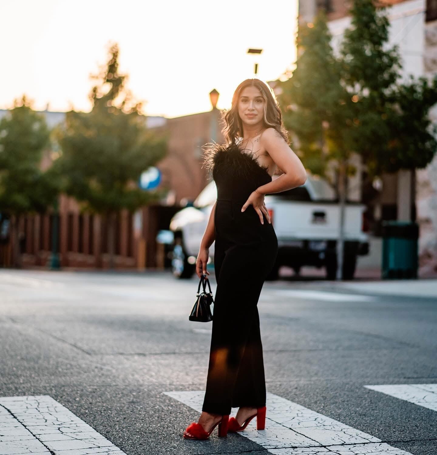 Strapless Jumpsuit with Feather Trim and Red Heels Strapless Jumpsuit with Feather Trim and Red Heels — Classy Black Jumpsuit Outfit
