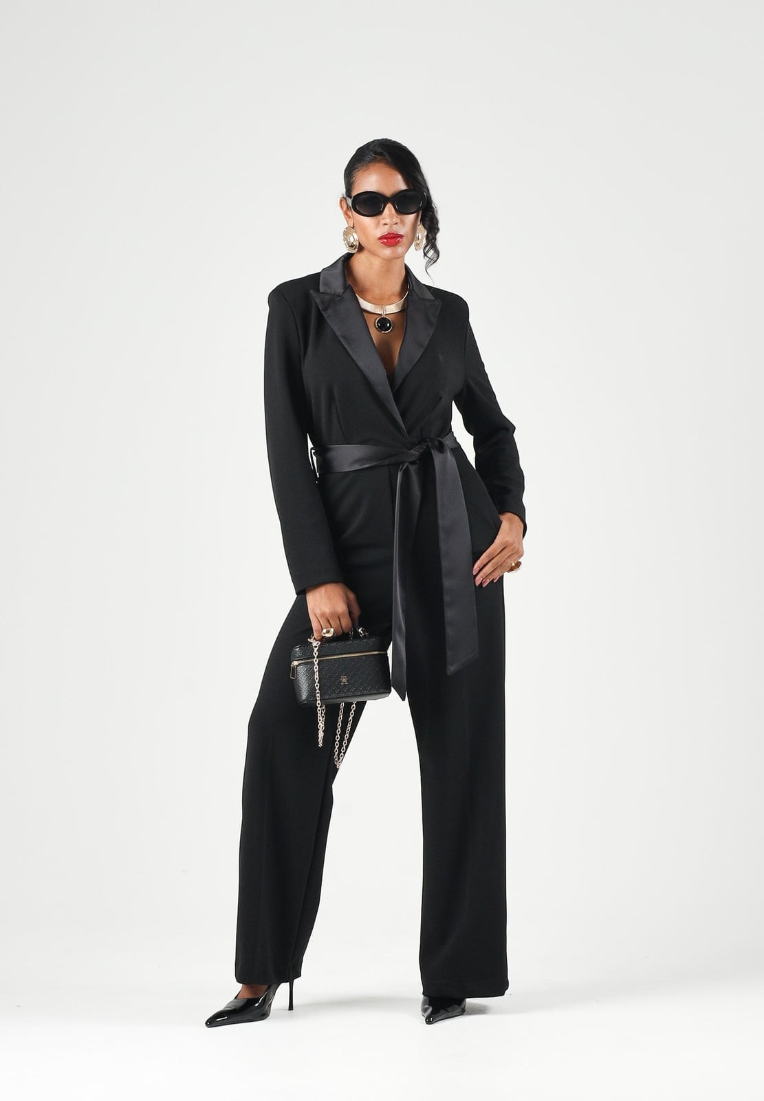 Tailored Black Jumpsuit with Satin Peak Lapels Tailored Black Jumpsuit with Satin Peak Lapels — Classy Black Jumpsuit Outfit