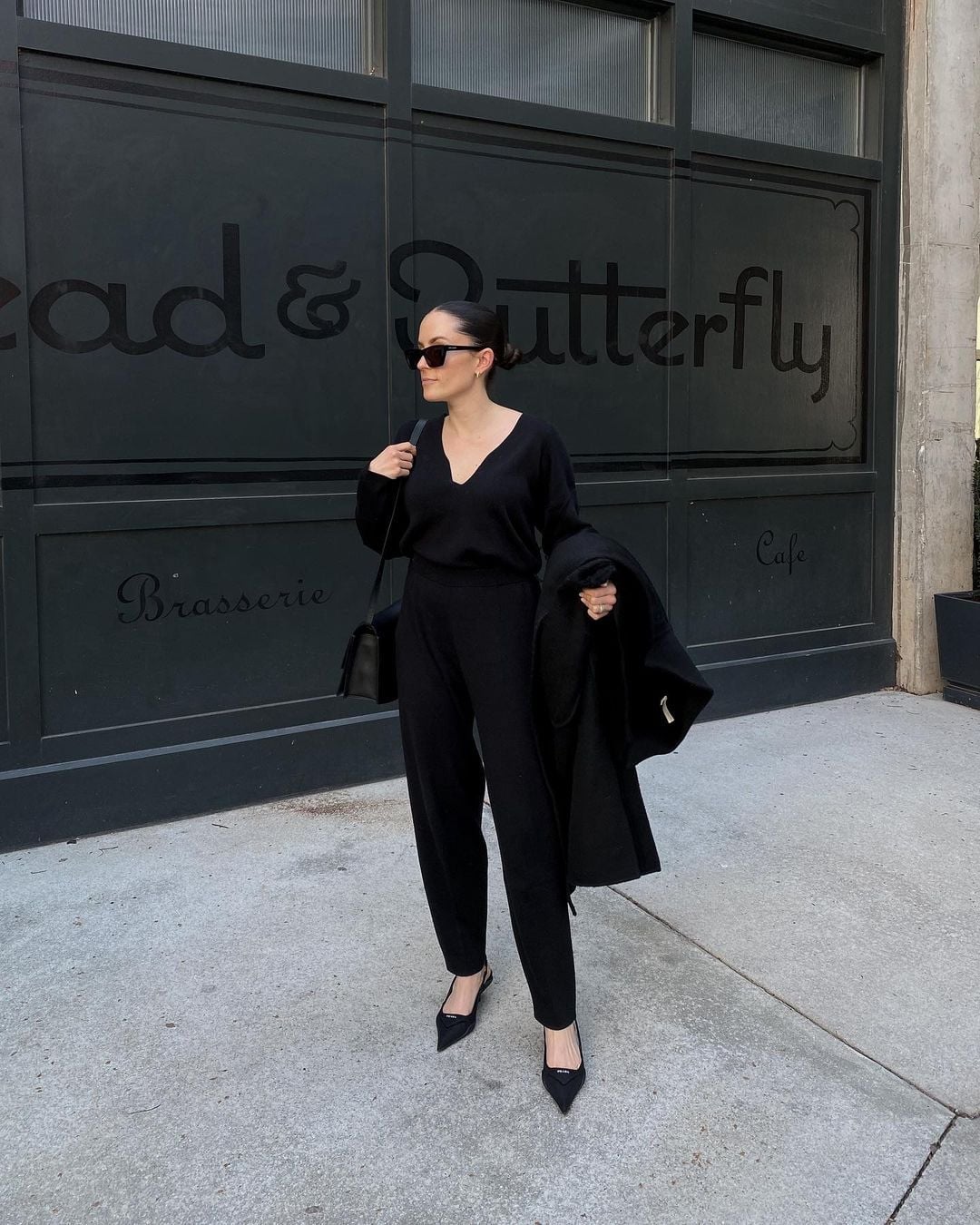 Black Knit Top and Trousers with Draped Coat Black Knit Top and Trousers with Draped Coat — Classy Black Jumpsuit Outfit