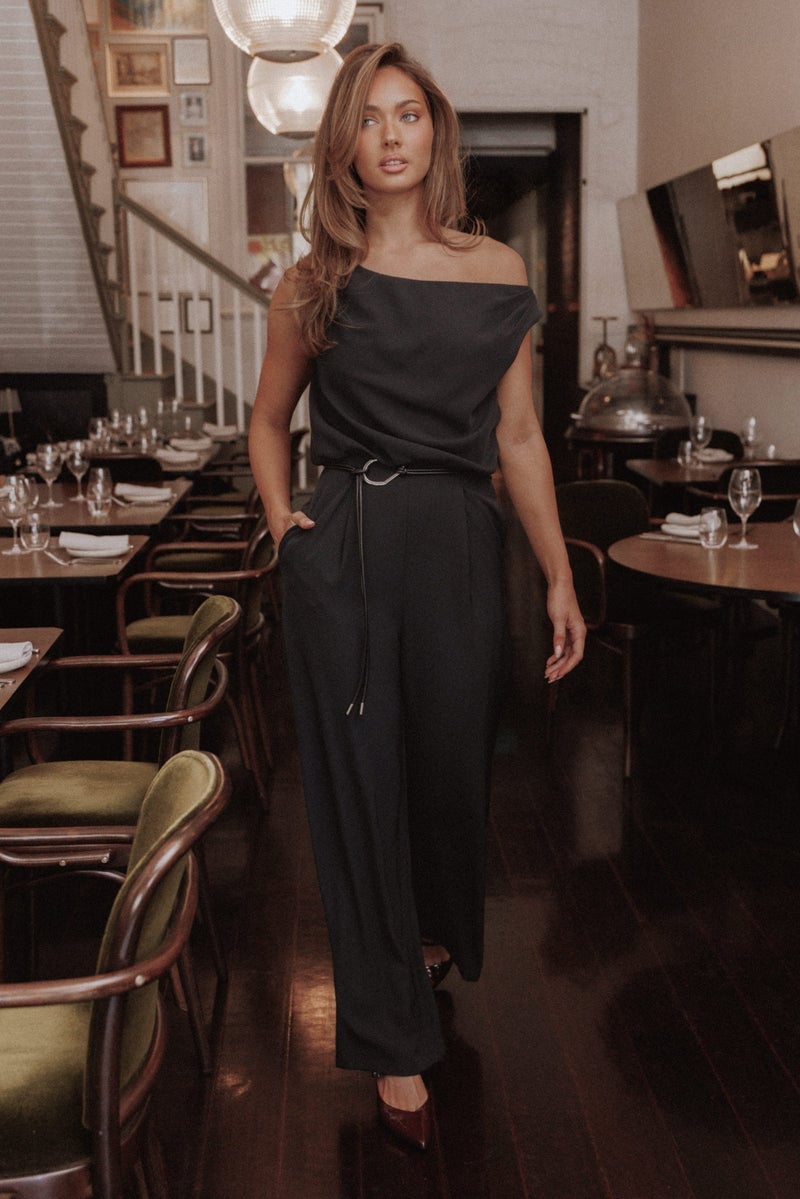 Off-the-Shoulder Wide-Leg Jumpsuit Off-the-Shoulder Wide-Leg Jumpsuit — Classy Black Jumpsuit Outfit