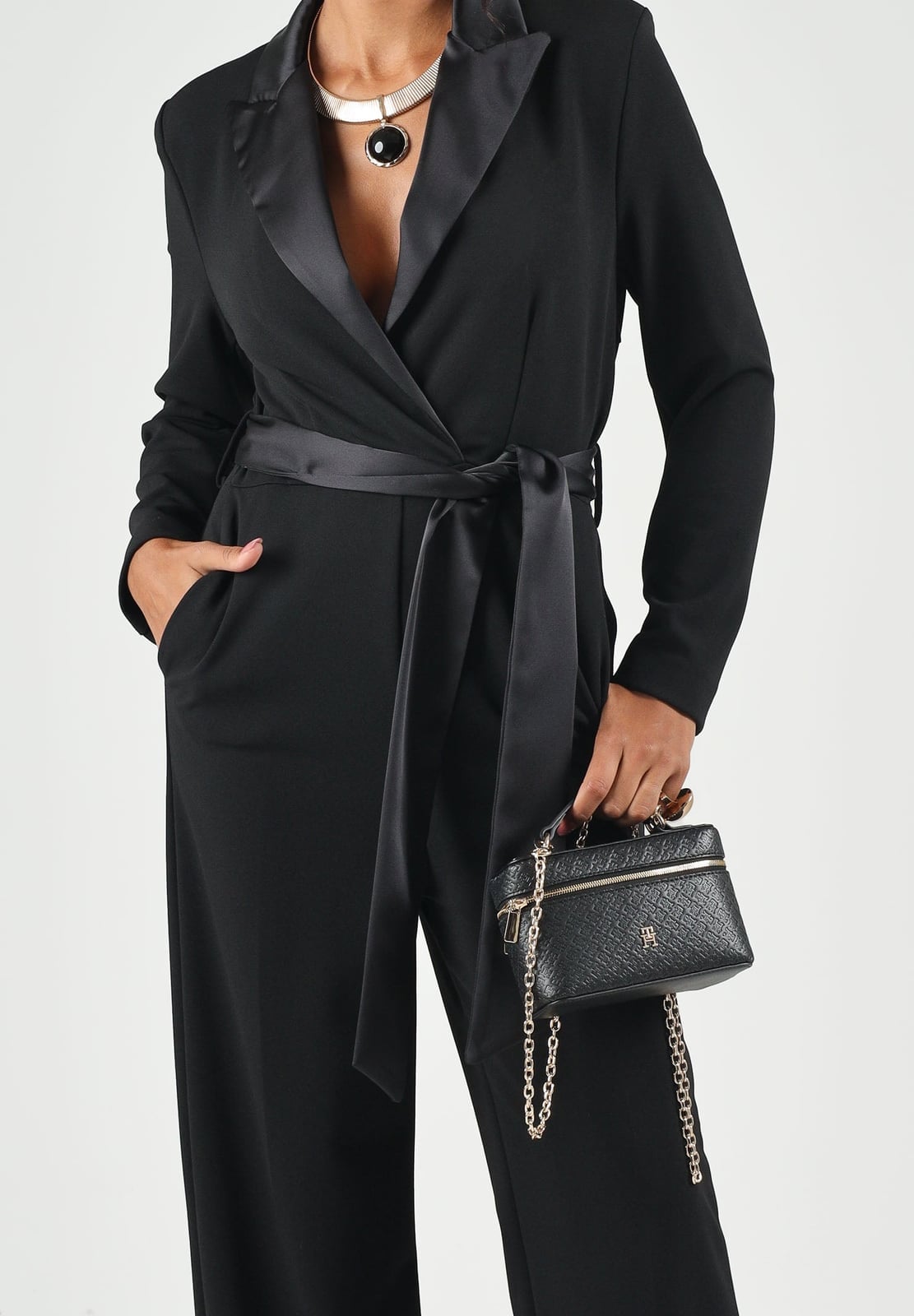 Black Belted Jumpsuit with Satin Peak Lapels and Wide Leg Black Belted Jumpsuit with Satin Peak Lapels and Wide Leg — Classy Black Jumpsuit Outfit