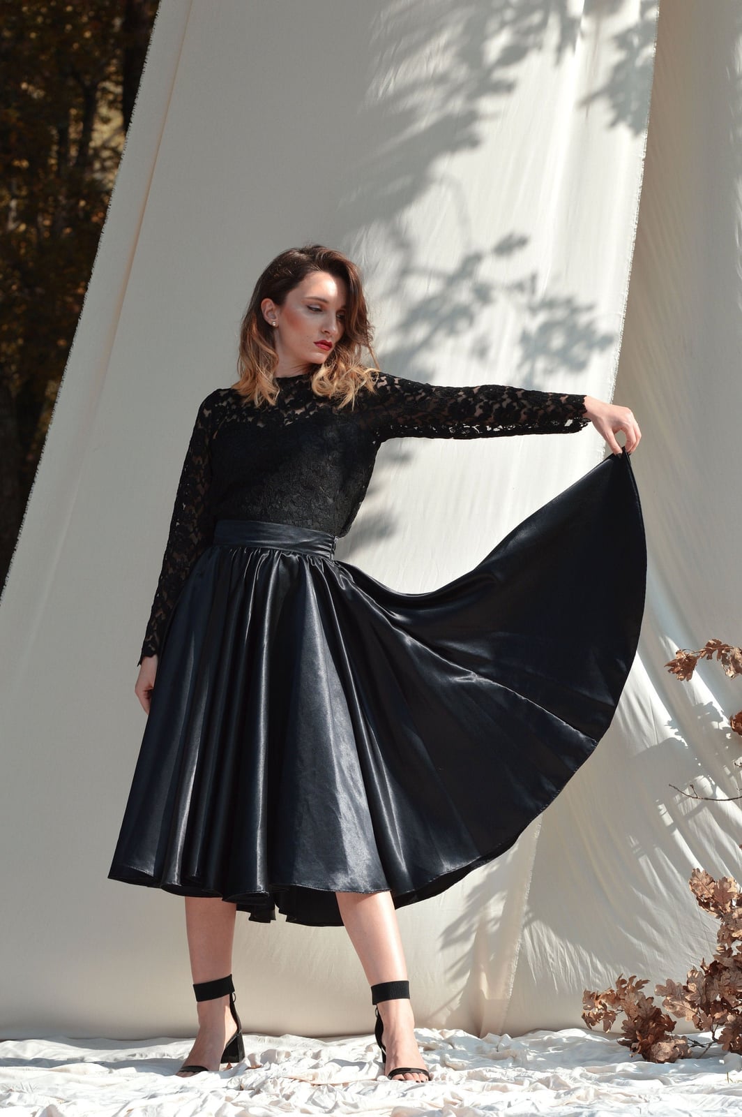 Full Satin Black Midi Skirt With Lace Top Full Satin Black Midi Skirt With Lace Top — Classy Black Midi Skirt Outfit