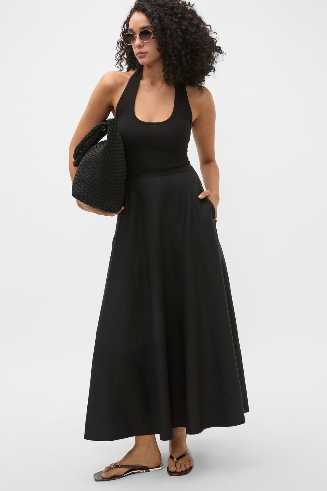 Black Linen A-Line Midi Skirt For Casual Wear Classy Black Midi Skirt Outfit
