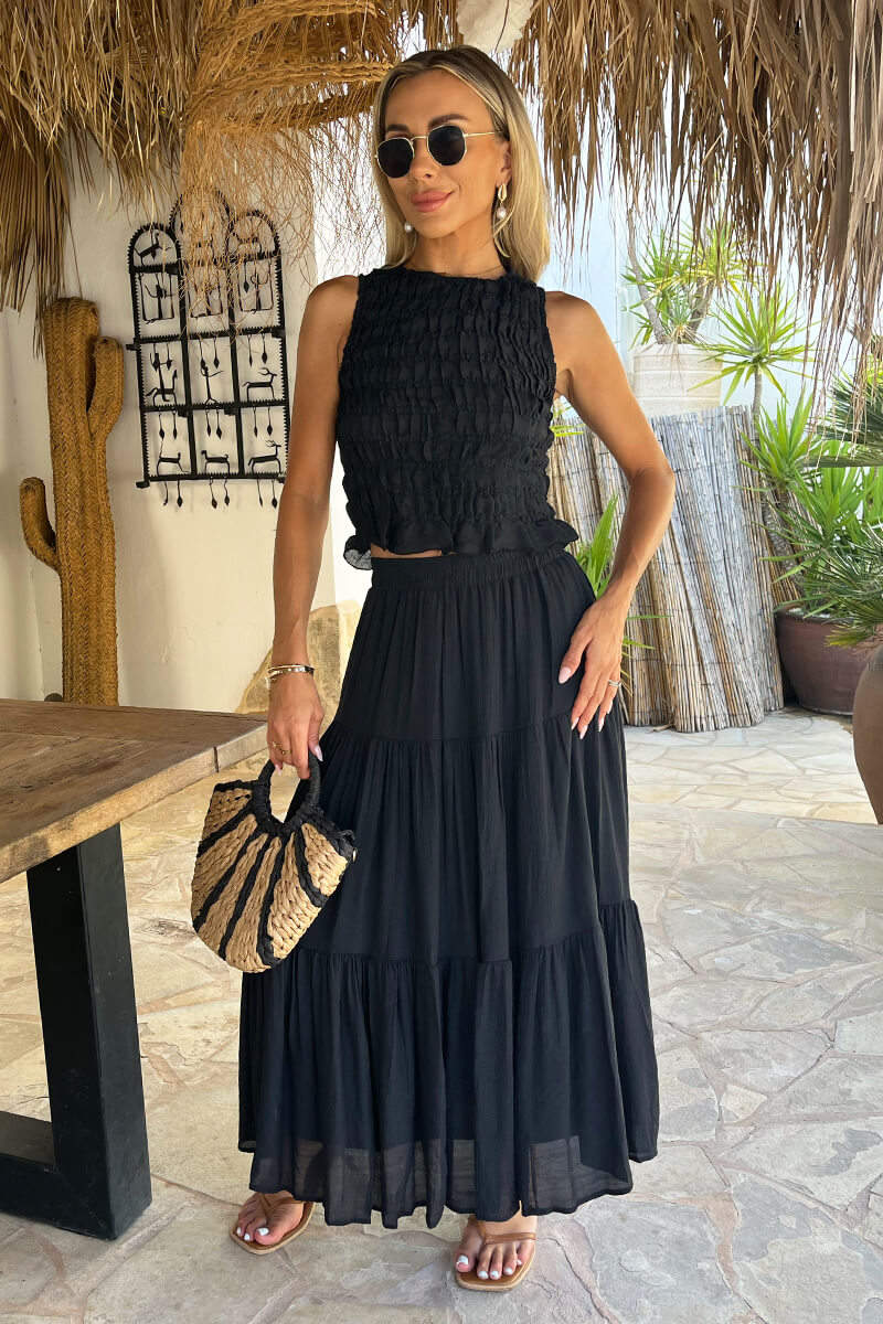 Tiered Black Midi Skirt With Ruffled Top Tiered Black Midi Skirt With Ruffled Top — Classy Black Midi Skirt Outfit