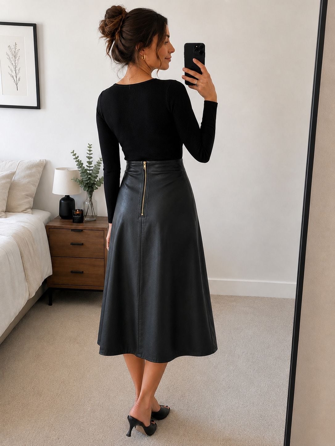 Faux Leather Black Midi Skirt With Zipper Detail Faux Leather Black Midi Skirt With Zipper Detail — Classy Black Midi Skirt Outfit