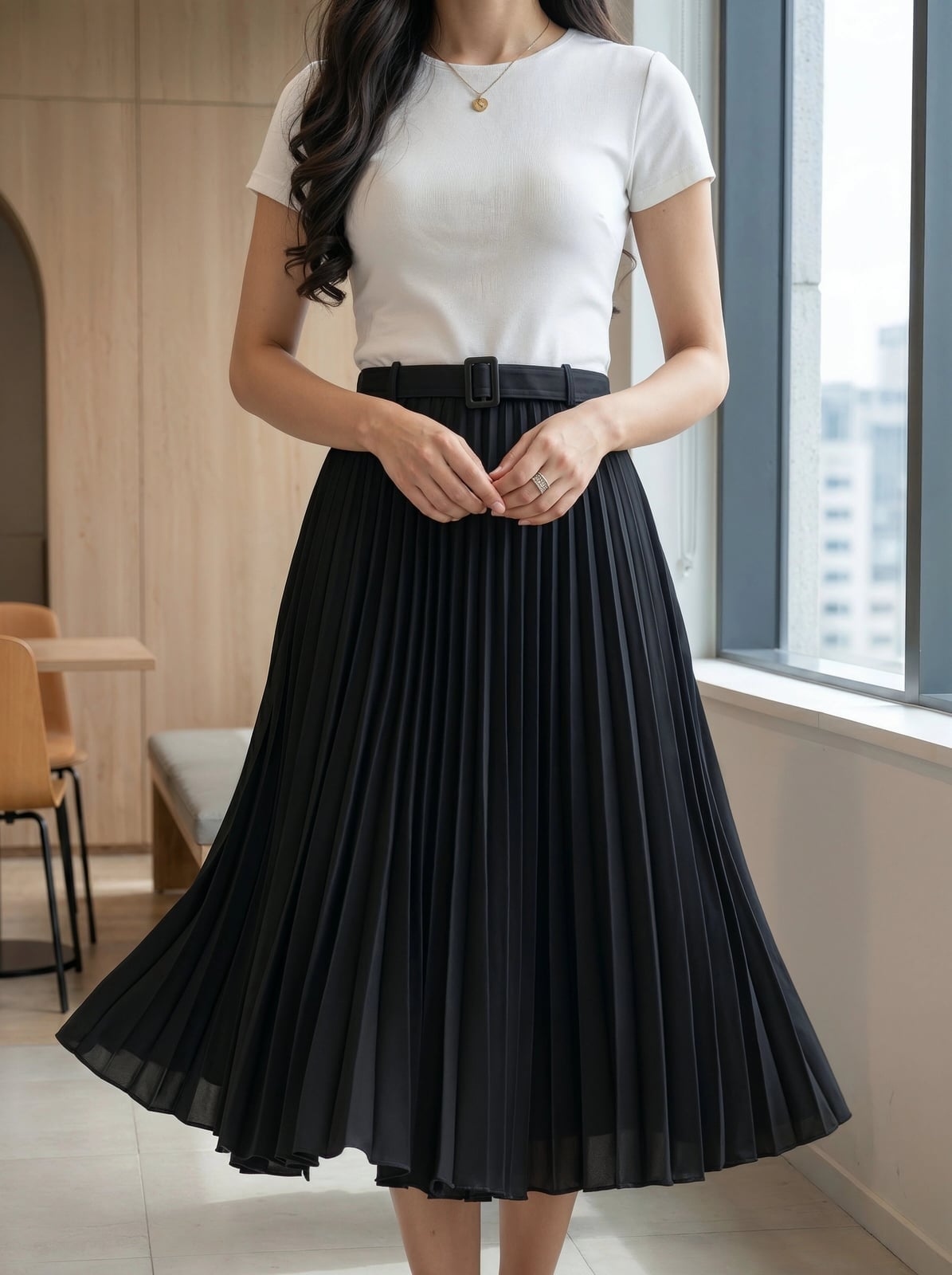 Classic Black Pleated Midi Skirt With White T-Shirt Classic Black Pleated Midi Skirt With White T-Shirt — Classy Black Midi Skirt Outfit