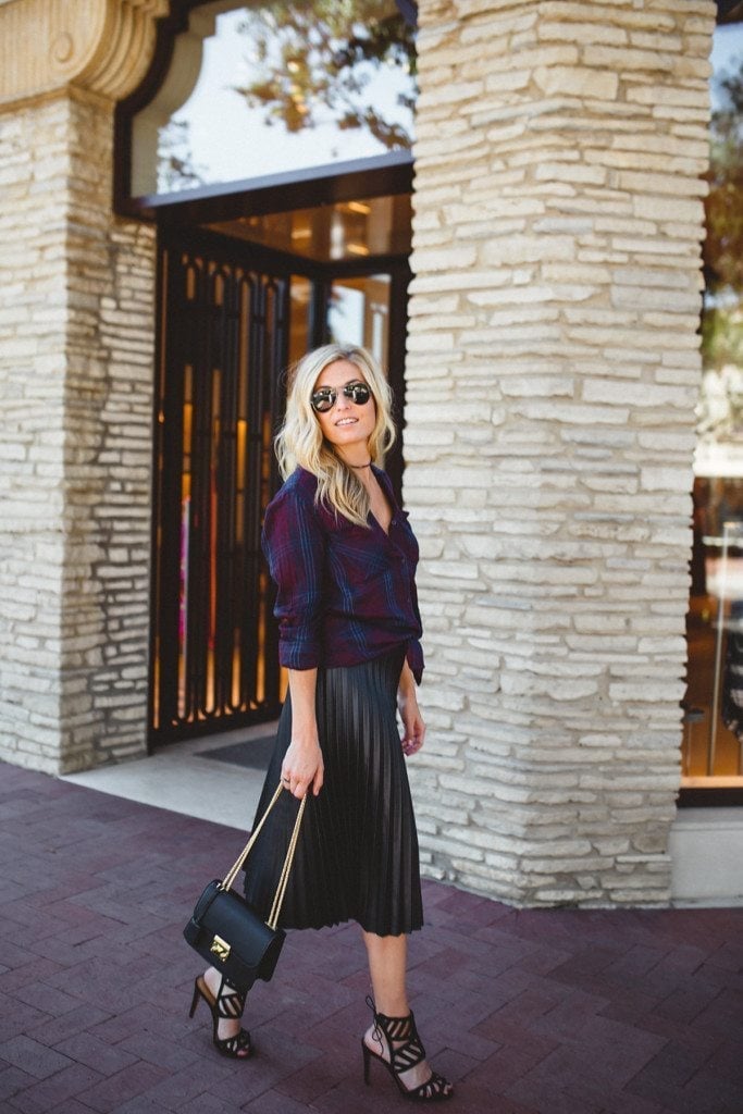 Leather Black Pleated Midi Skirt With Plaid Shirt Leather Black Pleated Midi Skirt With Plaid Shirt — Classy Black Midi Skirt Outfit