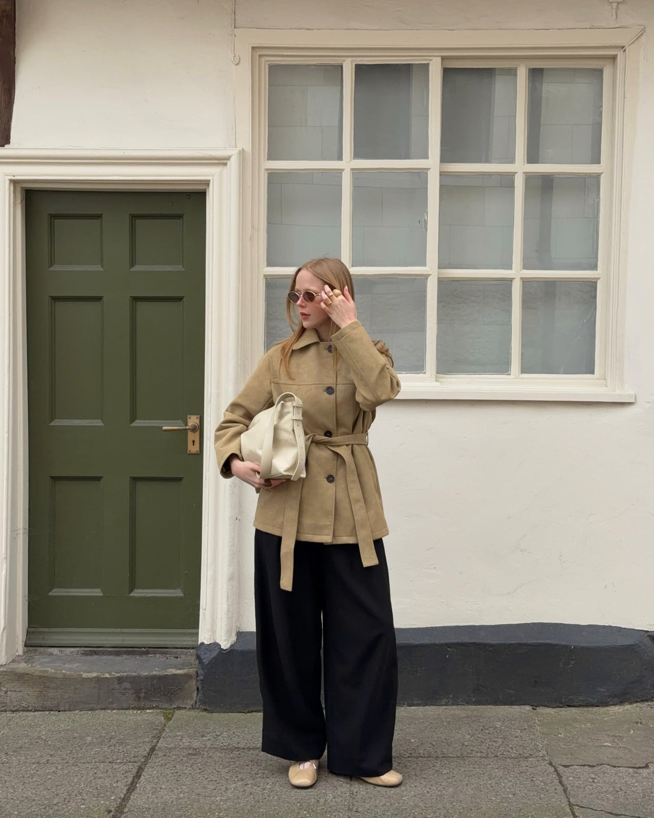 Black Wide-Leg Trousers with a Tan Belted Jacket — Classy Black Pants Outfits