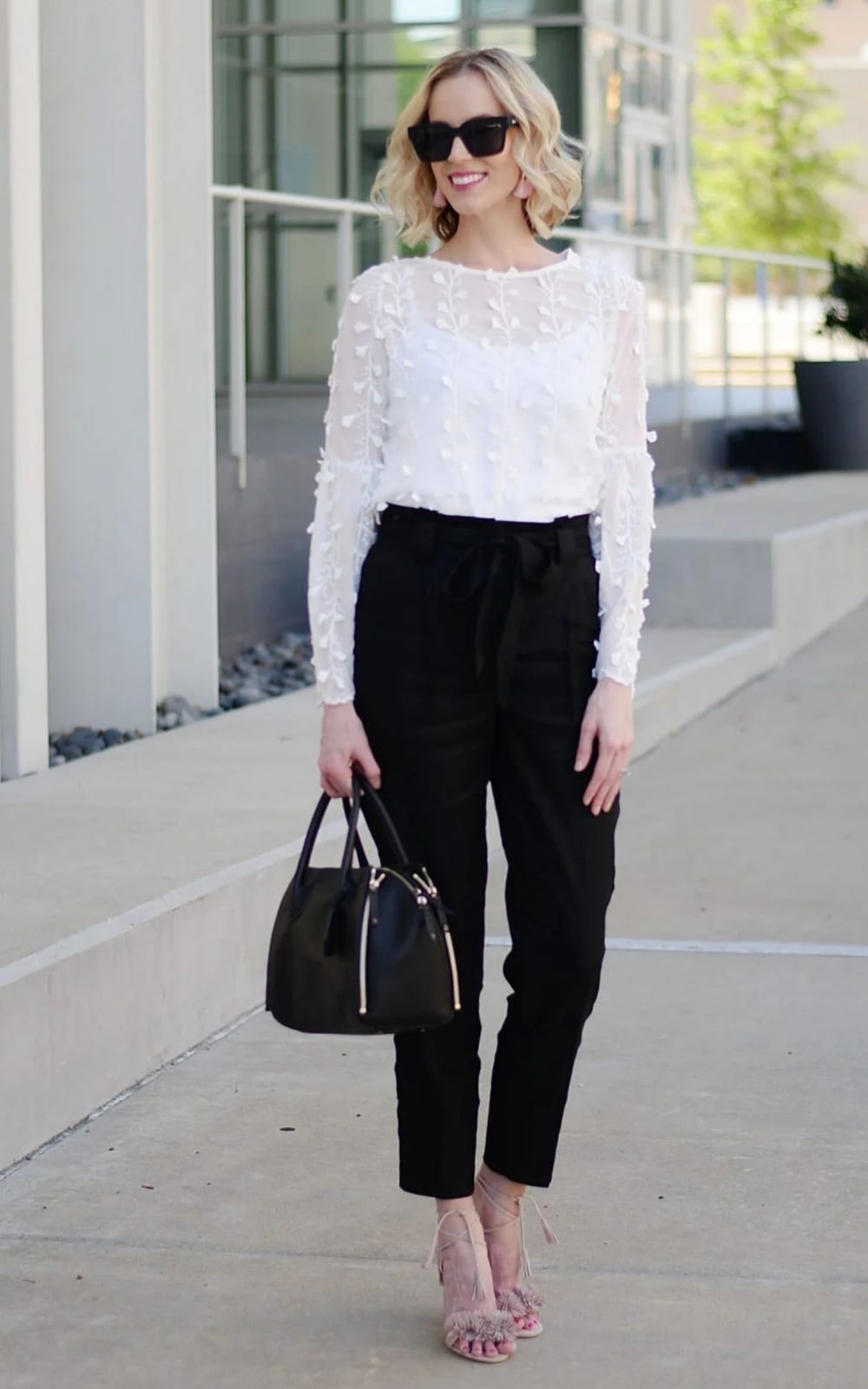 Straight-leg Black Trousers with a Textured White Top — Classy Black Pants Outfits
