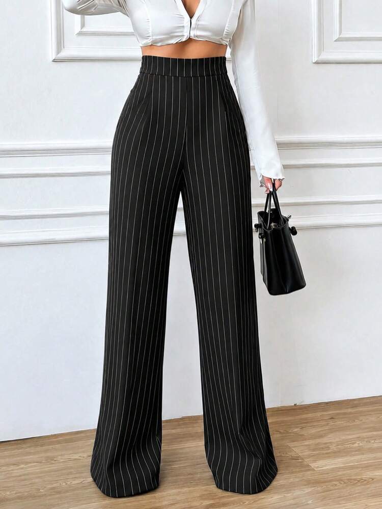 Pinstripe Wide-Leg Trousers with a White Top — Classy Black Pants Outfits