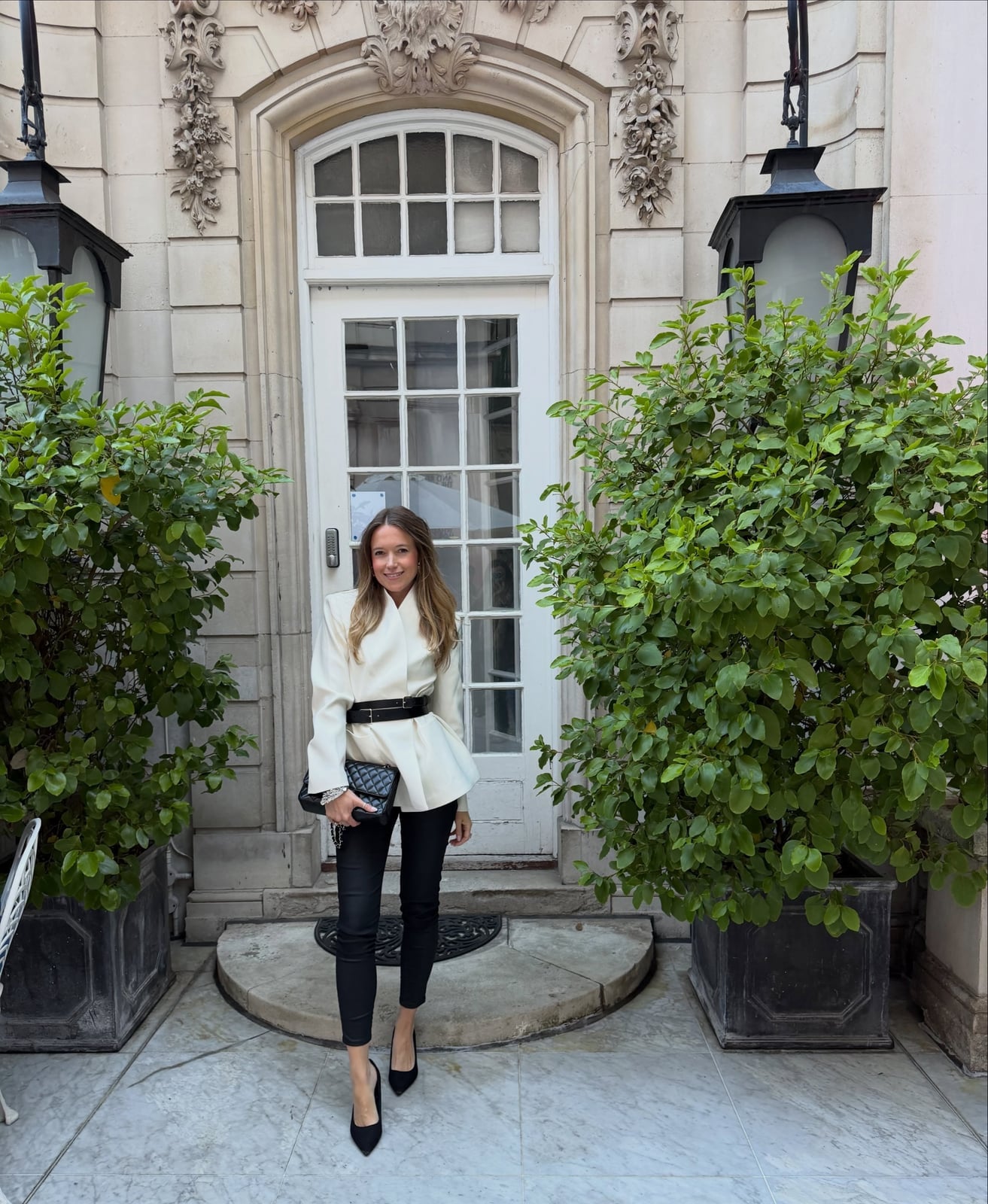 Black Leather Trousers with a Structured White Jacket — Classy Black Pants Outfits
