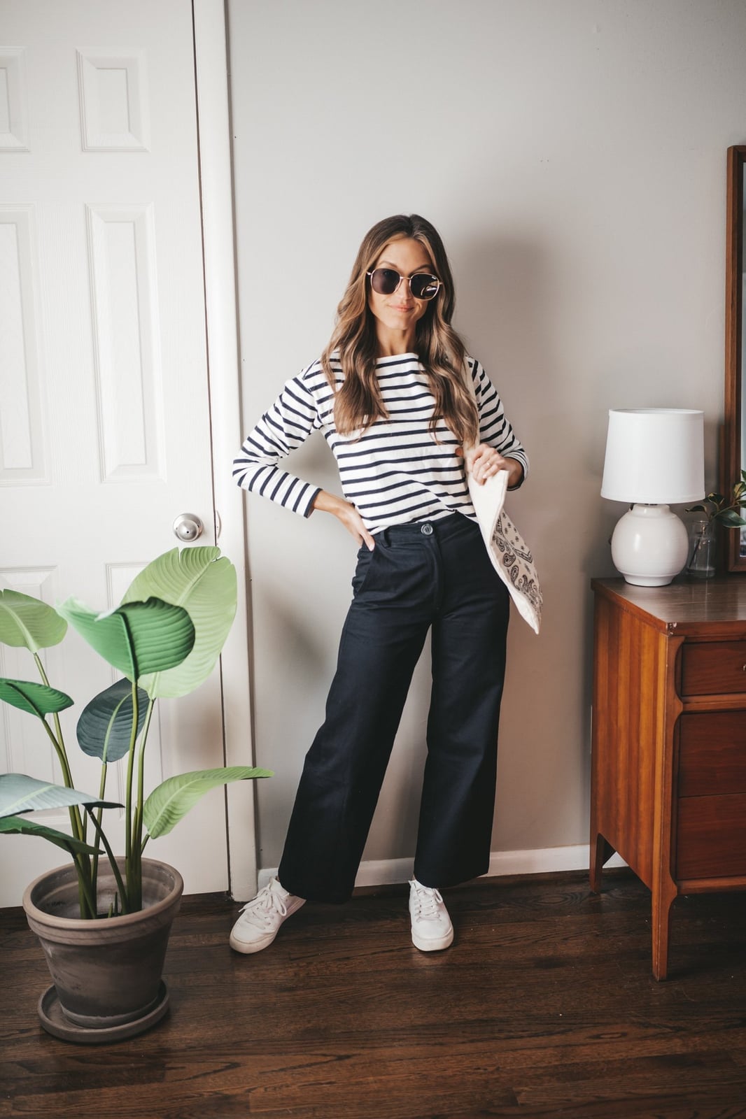 Cropped Wide-Leg Black Trousers with a Striped Tee — Classy Black Pants Outfits