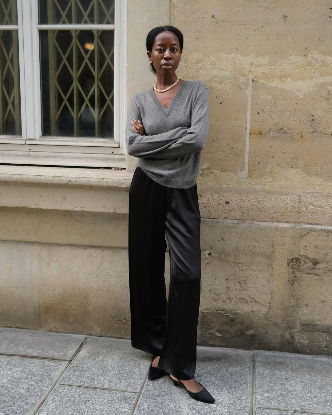 Black Silk Wide-Leg Trousers with a Cashmere Sweater — Classy Black Pants Outfits