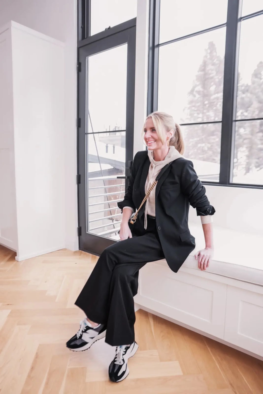 Wide-leg Black Trousers with Layered Hoodie and Blazer — Classy Black Pants Outfits