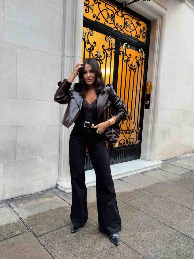 Black Flare Trousers with a Lace Top and Leather Jacket — Classy Black Pants Outfits