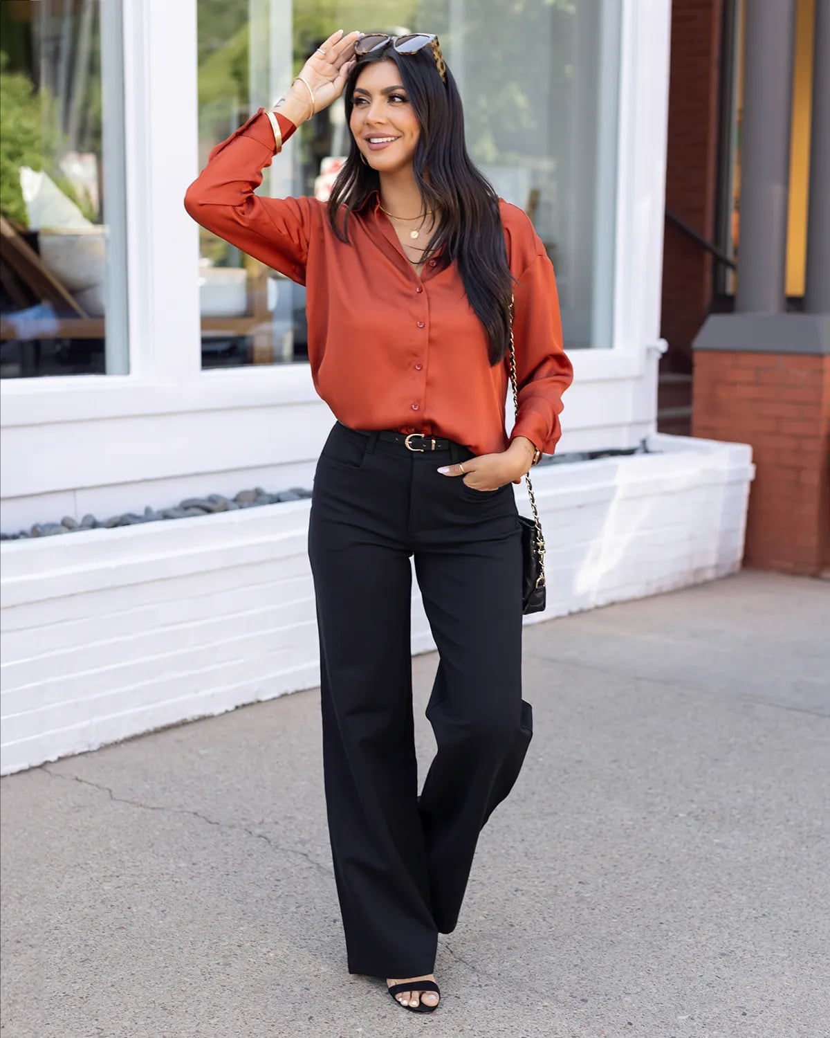 Black Wide-Leg Trousers with an Orange Silk Shirt — Classy Black Pants Outfits