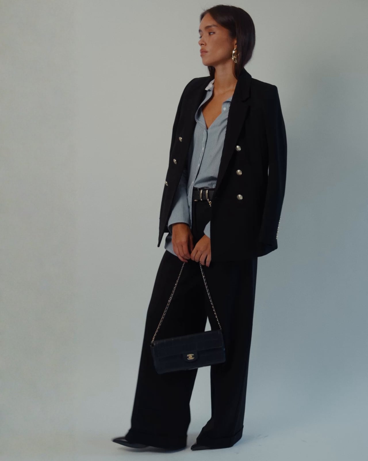 Black Wide-Leg Trousers with a Striped Shirt and Blazer — Classy Black Pants Outfits