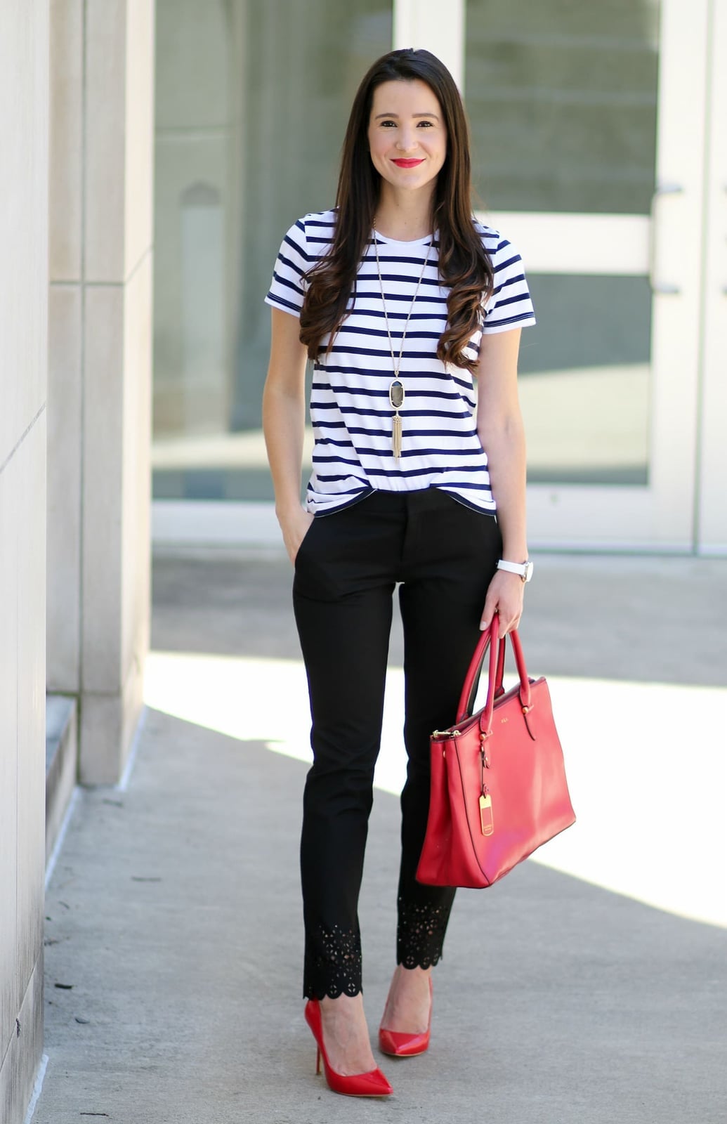 Black Straight-Leg Trousers with a Striped Tee and Red Accents — Classy Black Pants Outfits