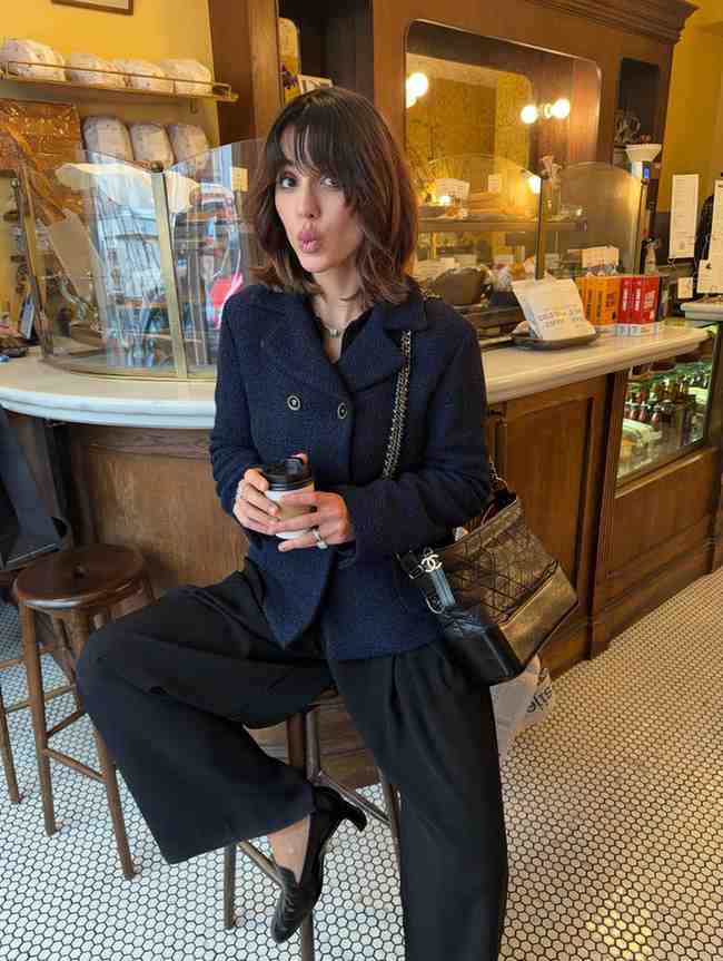 Wide-leg Black Trousers with a Navy Blazer and Textured Wool — Classy Black Pants Outfits