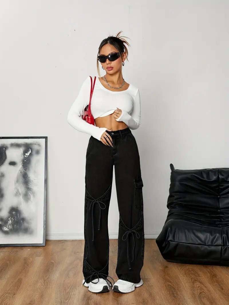 Black Cargo Pants with Tie Details and Chunky Sneakers — Classy Black Pants Outfits