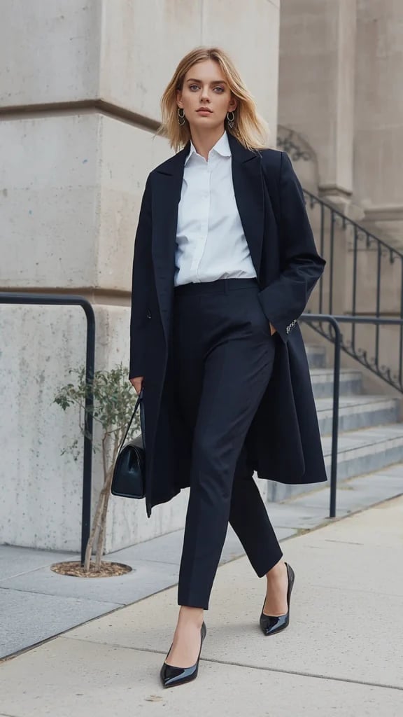 Tailored Black Trousers with an Oversized Overcoat — Classy Black Pants Outfits