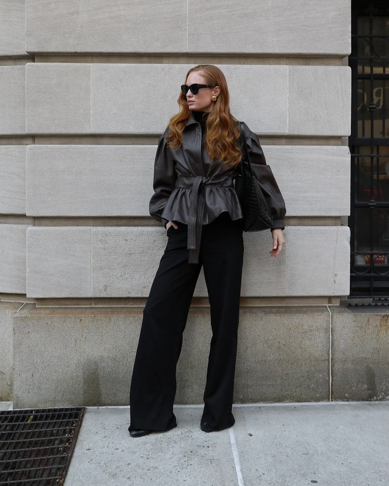 Black Wide-Leg Trousers with a Leather Peplum Jacket — Classy Black Pants Outfits