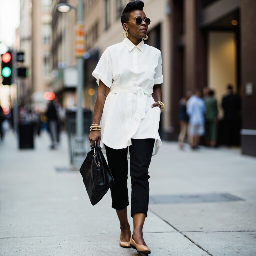Cropped Black Trousers with a Belted Short-Sleeve Shirt — Classy Black Pants Outfits