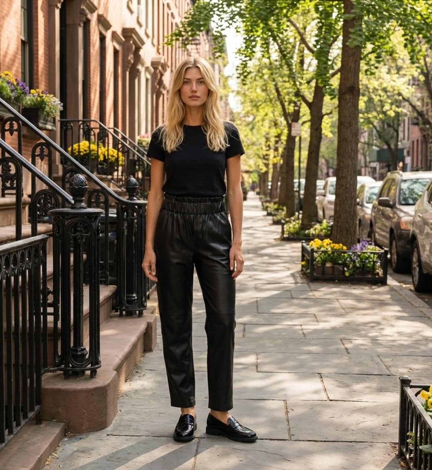 Casual Black Leather Trousers with a T-Shirt — Classy Black Pants Outfits