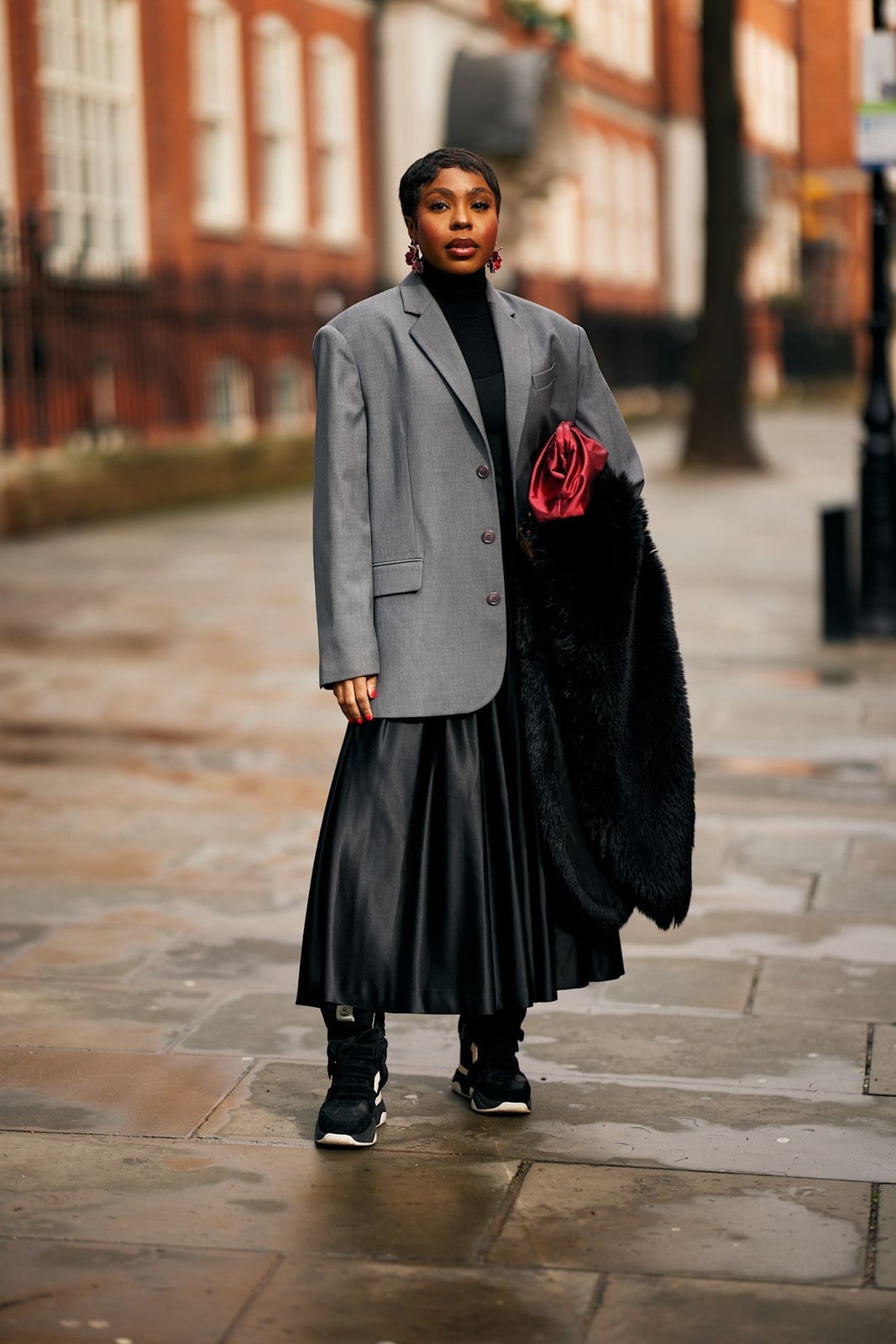 Black Faux Leather Pleated Skirt with Grey Blazer and Sneakers Black Faux Leather Pleated Skirt with Grey Blazer and Sneakers — Classy Black Satin Skirt Outfit