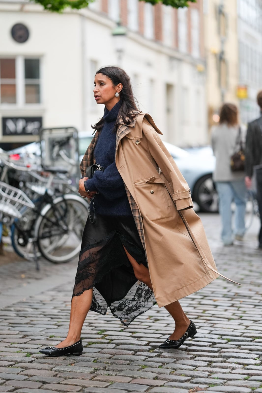 Black Satin Lace-Trimmed Midi Skirt with Navy Turtleneck and Trench Black Satin Lace-Trimmed Midi Skirt with Navy Turtleneck and Trench — Classy Black Satin Skirt Outfit