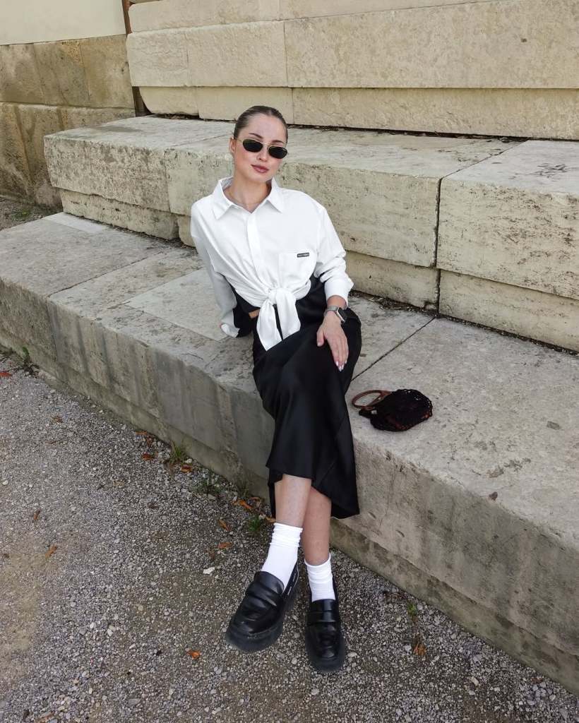 Black Satin Midi Skirt with White Button-Down Shirt and Loafers Black Satin Midi Skirt with White Button-Down Shirt and Loafers — Classy Black Satin Skirt Outfit