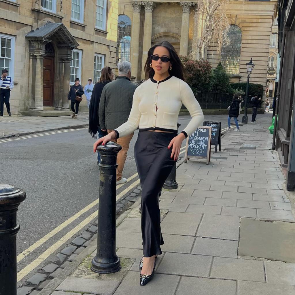 Black Satin Midi Skirt with Cream Cropped Cardigan and Pointed Heels Black Satin Midi Skirt with Cream Cropped Cardigan and Pointed Heels — Classy Black Satin Skirt Outfit