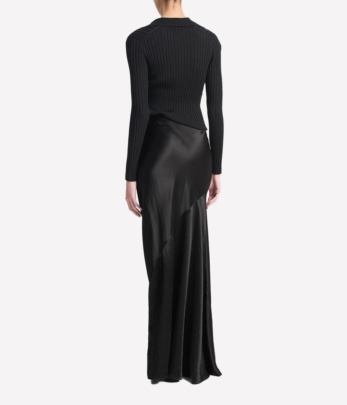 Black Satin Maxi Skirt with Asymmetrical Hem and Fitted Ribbed Top Black Satin Maxi Skirt with Asymmetrical Hem and Fitted Ribbed Top — Classy Black Satin Skirt Outfit