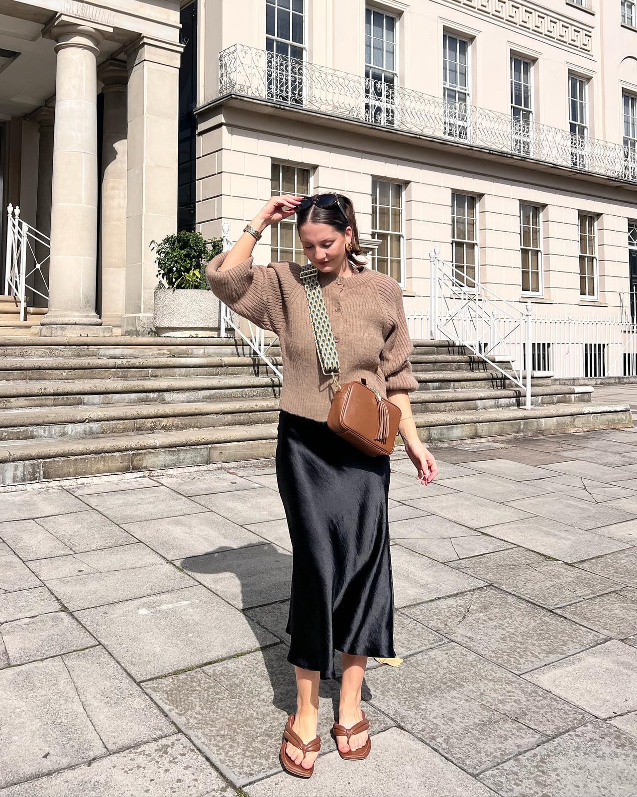 Black Satin Midi Skirt with Brown Knit Sweater and Brown Flip-Flops Black Satin Midi Skirt with Brown Knit Sweater and Brown Flip-Flops — Classy Black Satin Skirt Outfit
