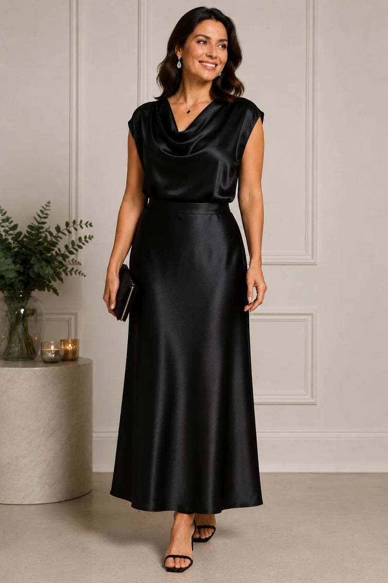 Black Satin Maxi Skirt with Cowl Neck Top and Open-Toe Heels Black Satin Maxi Skirt with Cowl Neck Top and Open-Toe Heels — Classy Black Satin Skirt Outfit