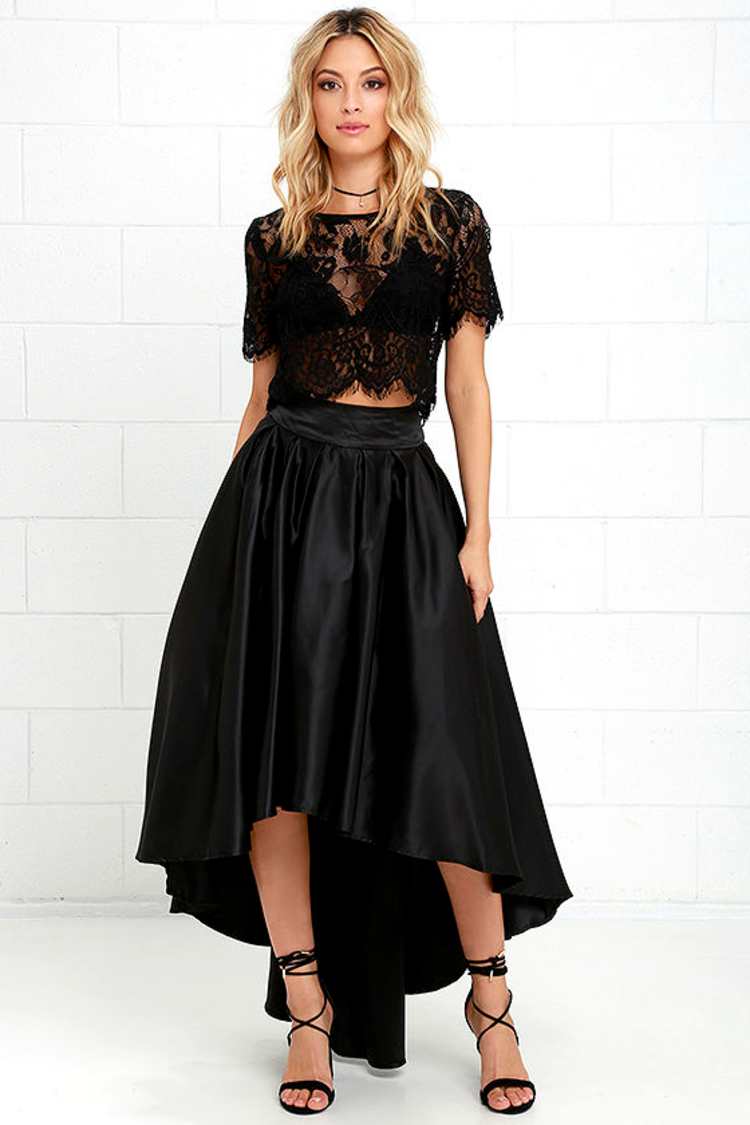 Black High-Low Satin Skirt with Lace Crop Top and Strappy Heels Black High-Low Satin Skirt with Lace Crop Top and Strappy Heels — Classy Black Satin Skirt Outfit