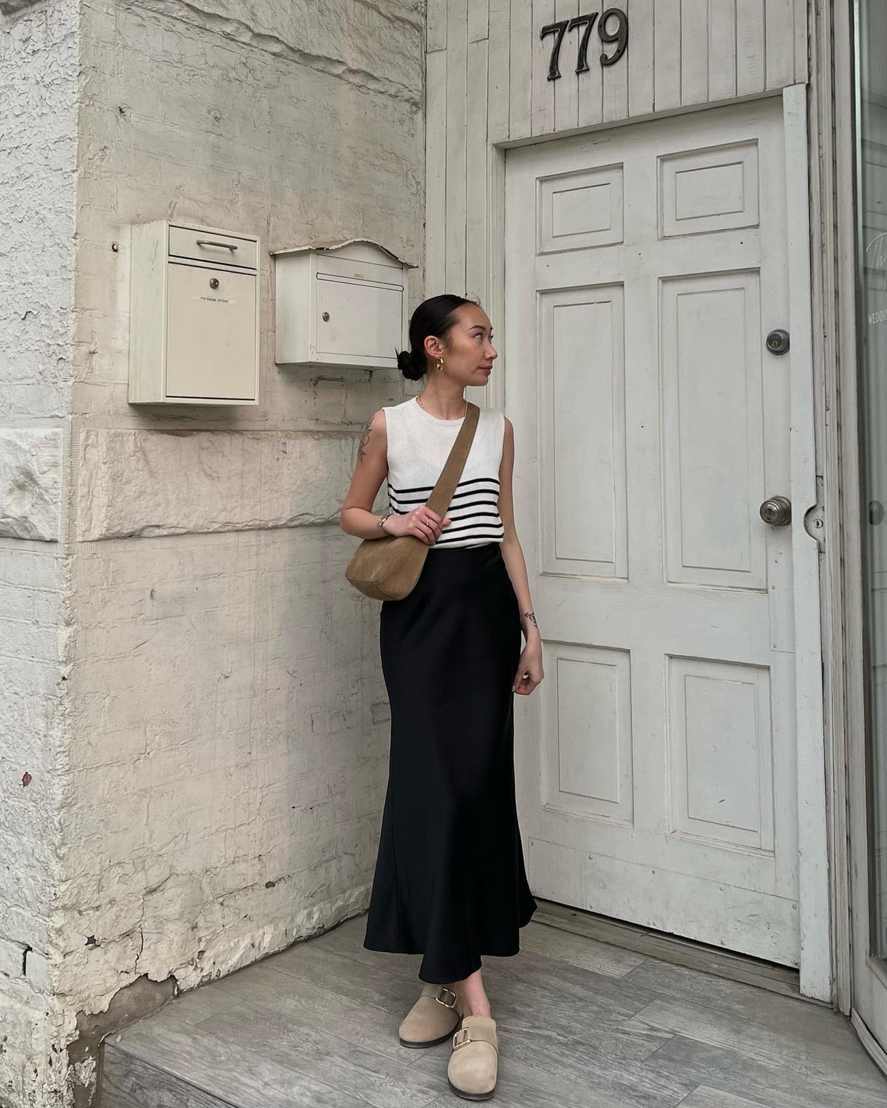 Black Satin Midi Skirt with Striped Sleeveless Top and Suede Clogs Black Satin Midi Skirt with Striped Sleeveless Top and Suede Clogs — Classy Black Satin Skirt Outfit