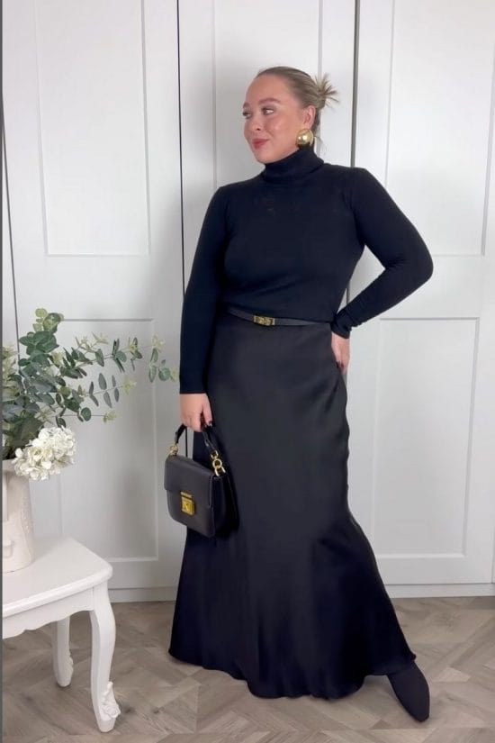 Black Satin Maxi Skirt with Turtleneck and Gold-Accented Belt Black Satin Maxi Skirt with Turtleneck and Gold-Accented Belt — Classy Black Satin Skirt Outfit