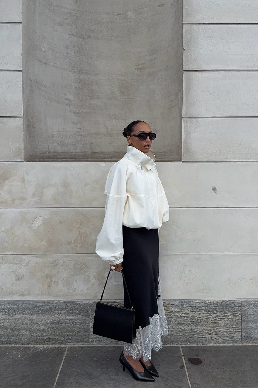 Black Satin Skirt with Lace Trim and Voluminous White Jacket Black Satin Skirt with Lace Trim and Voluminous White Jacket — Classy Black Satin Skirt Outfit