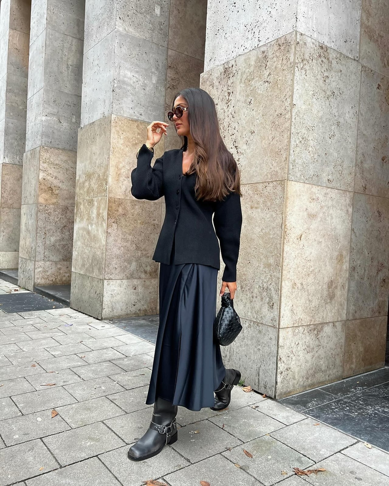 Black Pleated Satin Midi Skirt with Knit Crop Top and Cardigan Black Pleated Satin Midi Skirt with Knit Crop Top and Cardigan — Classy Black Satin Skirt Outfit