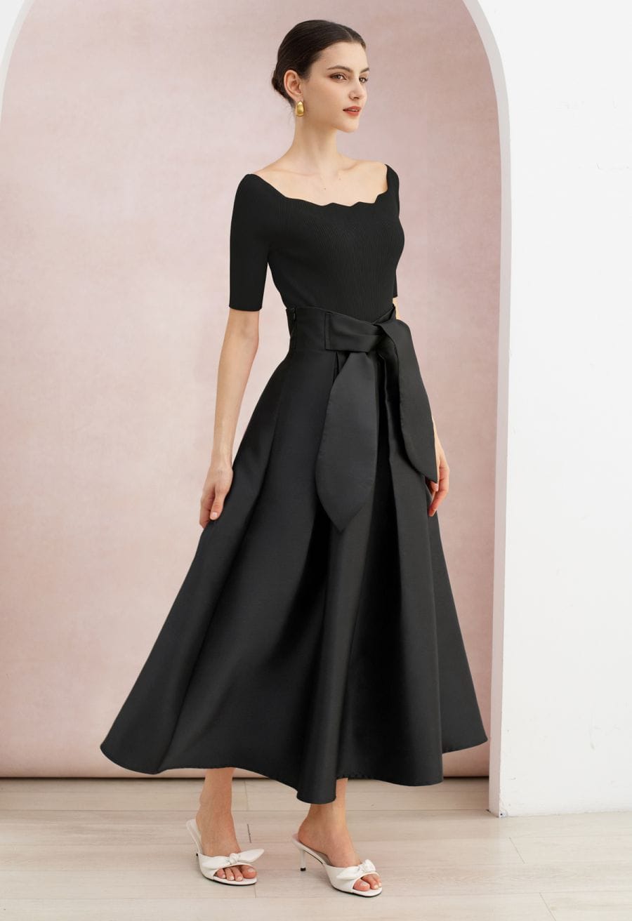Black Satin Maxi Skirt with Bow Belt and Off-Shoulder Top Black Satin Maxi Skirt with Bow Belt and Off-Shoulder Top — Classy Black Satin Skirt Outfit