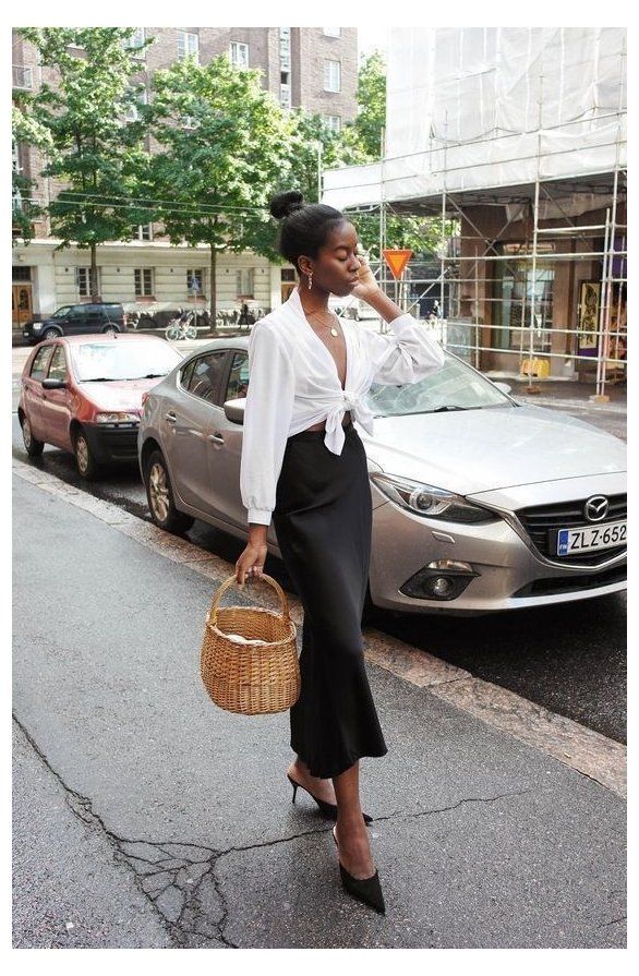 Black Satin Midi Skirt with White Tie-Front Blouse and Pointed Heels Black Satin Midi Skirt with White Tie-Front Blouse and Pointed Heels — Classy Black Satin Skirt Outfit